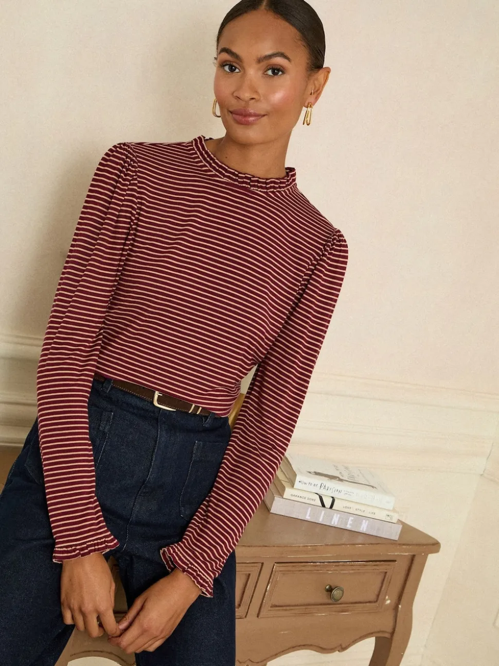 Love & Roses Burgundy Red And Beige Stripe Frill Neck Long Sleeve Jersey Top