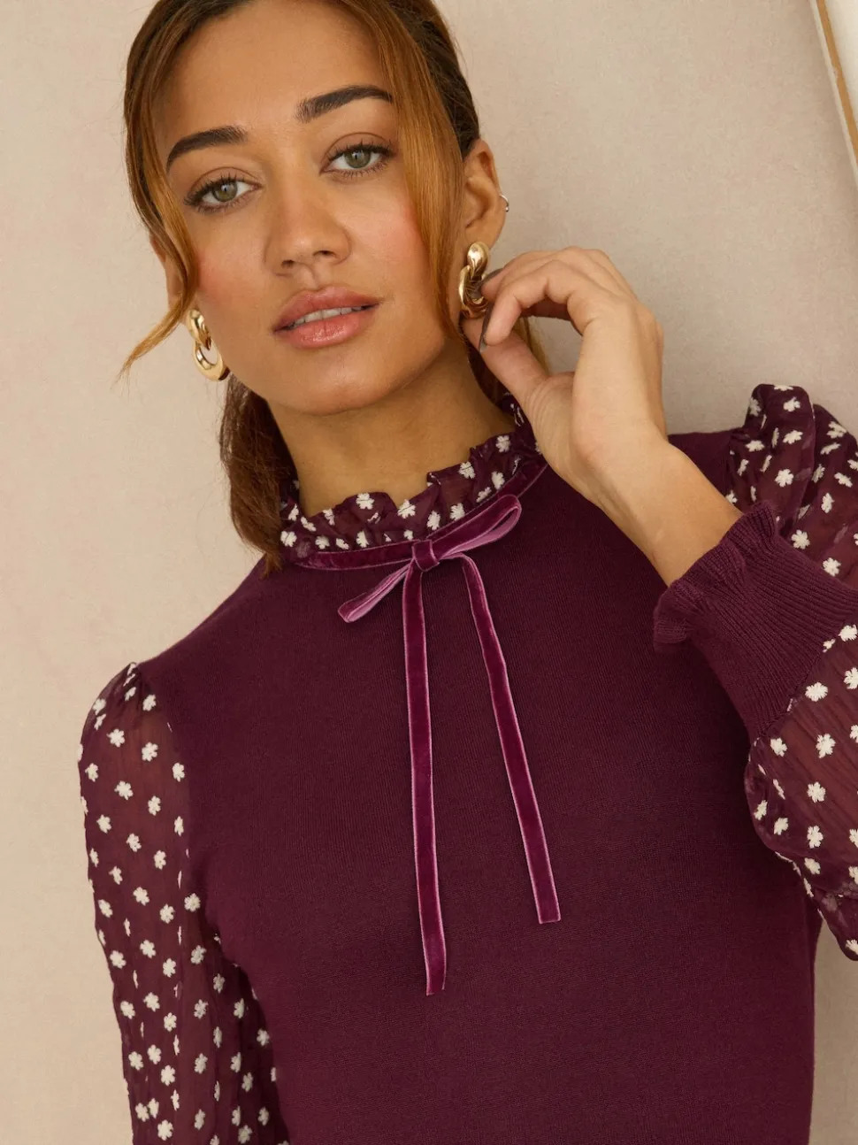Love & Roses Burgundy Red Petite Frill Neck Chiffon Sleeve Knitted Mini Dress