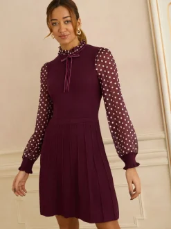 Love & Roses Burgundy Red Petite Frill Neck Chiffon Sleeve Knitted Mini Dress