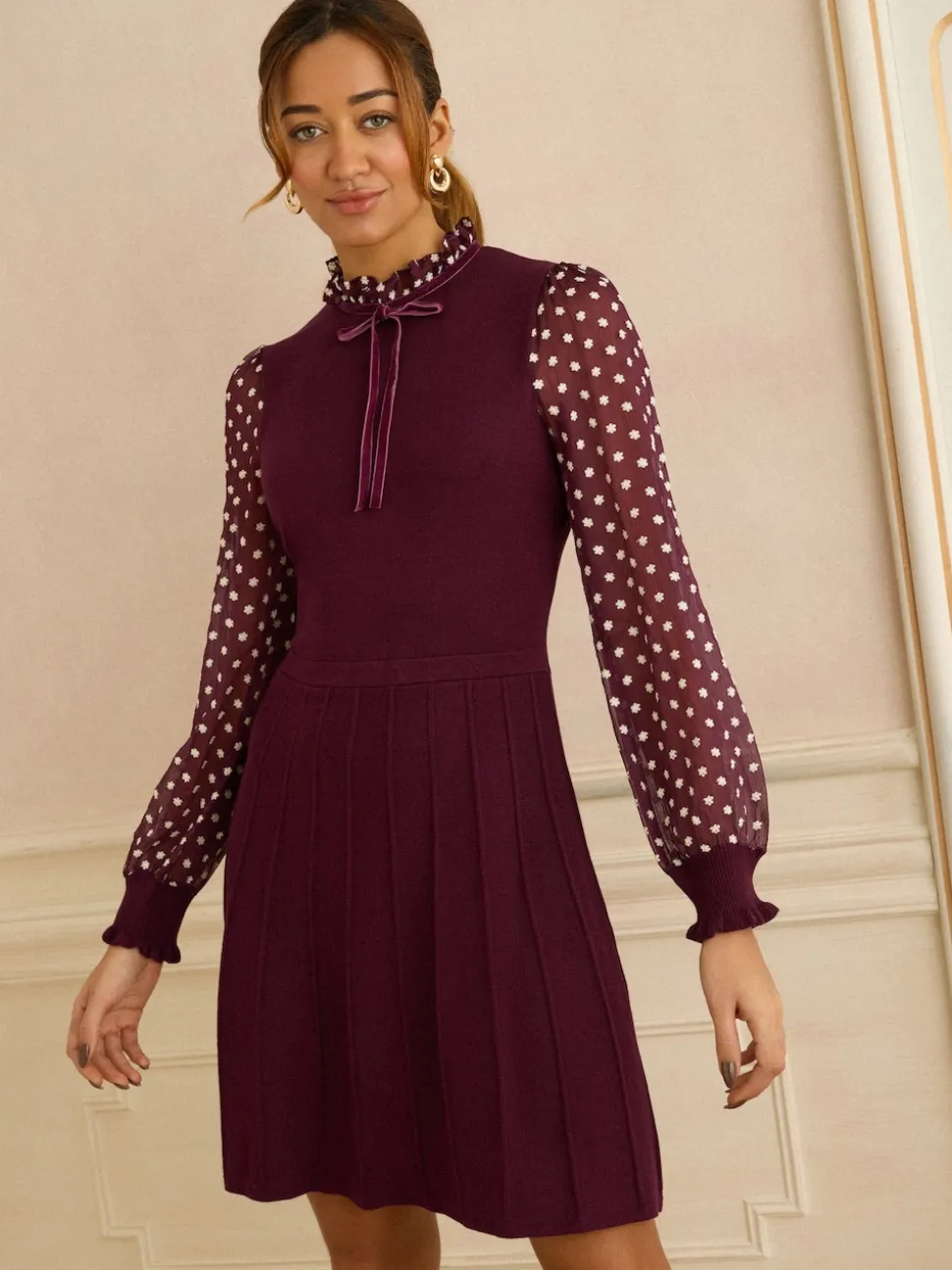Love & Roses Burgundy Red Petite Frill Neck Chiffon Sleeve Knitted Mini Dress