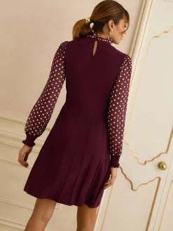 Love & Roses Burgundy Red Petite Frill Neck Chiffon Sleeve Knitted Mini Dress
