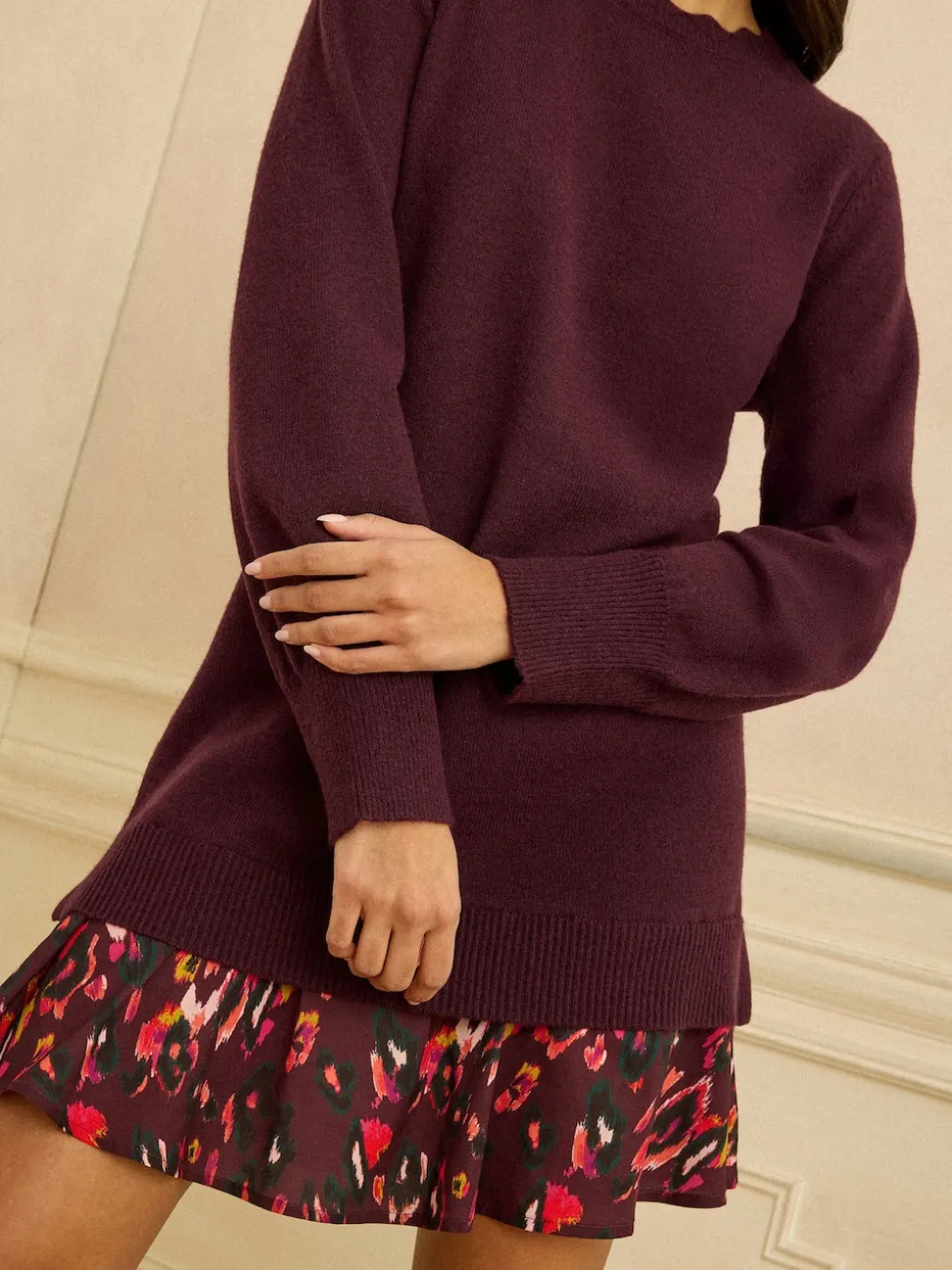 Love & Roses Burgundy Red Petite Woven Skirt Knit Mini Dress