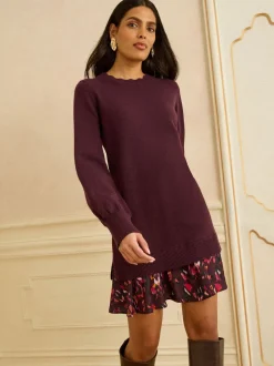 Love & Roses Burgundy Red Petite Woven Skirt Knit Mini Dress