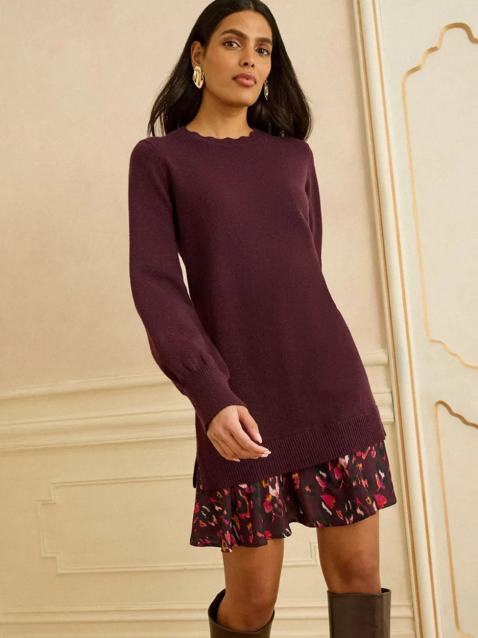 Love & Roses Burgundy Red Petite Woven Skirt Knit Mini Dress