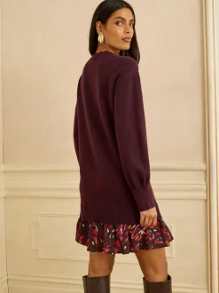 Love & Roses Burgundy Red Petite Woven Skirt Knit Mini Dress