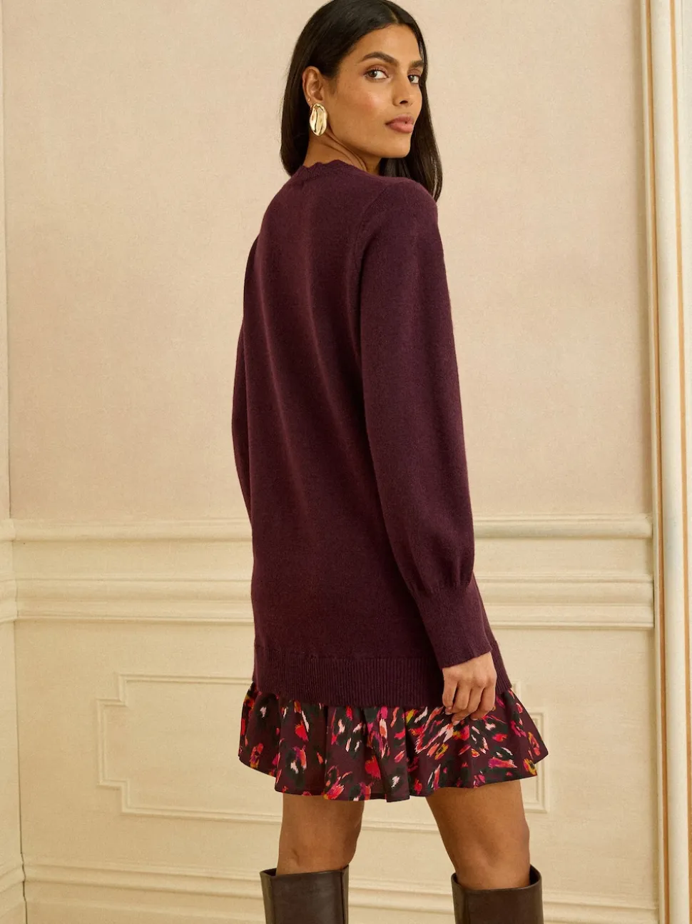 Love & Roses Burgundy Red Petite Woven Skirt Knit Mini Dress