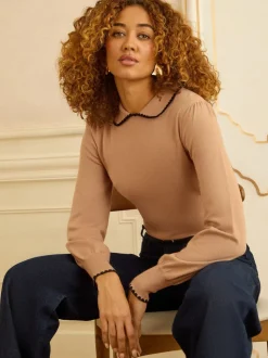 Love & Roses Camel Crochet Tipped Knitted Collar Jumper