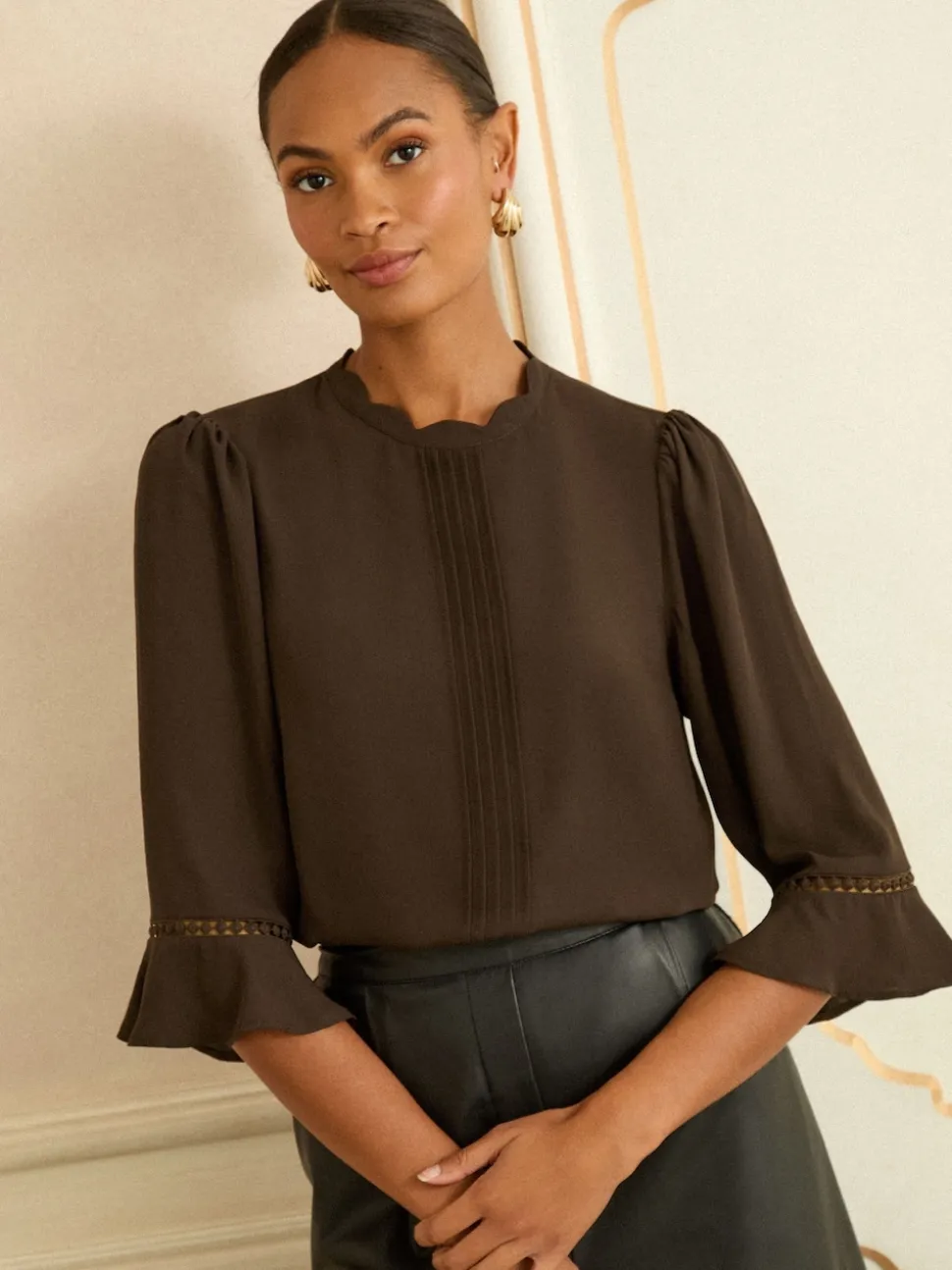 Love & Roses Chocolate Brown 3/4 Flute Sleeve Blouse
