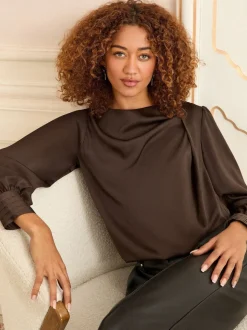 Love & Roses Chocolate Brown Long Sleeve Satin Cowl Neck Blouse
