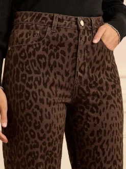 Love & Roses Chocolate Brown Leopard Print Flocked Crop Wide Leg Jeans