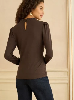 Love & Roses Chocolate Brown Frill Neck Long Sleeve Jersey Top