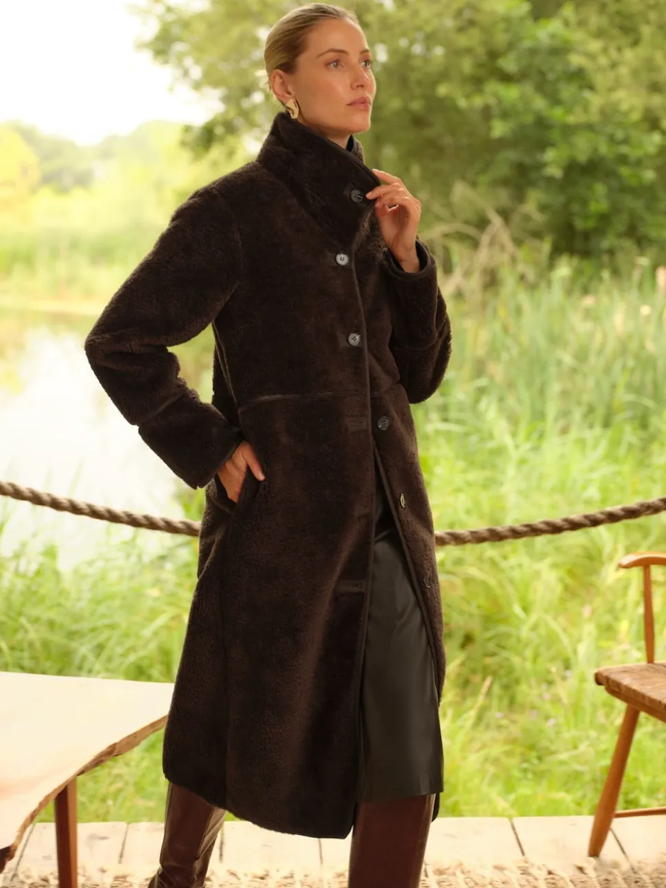 Love & Roses Chocolate Brown Tipped Midi Shearling Coat