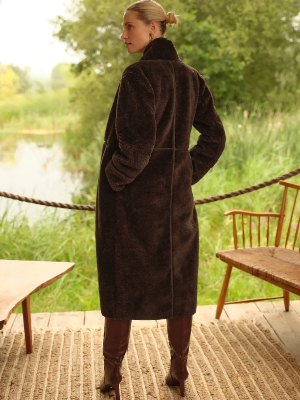 Love & Roses Chocolate Brown Tipped Midi Shearling Coat