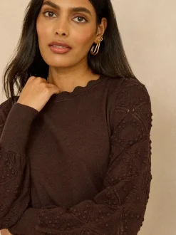 Love & Roses Chocolate Brown Bobble Stitch Scallop Knit Jumper