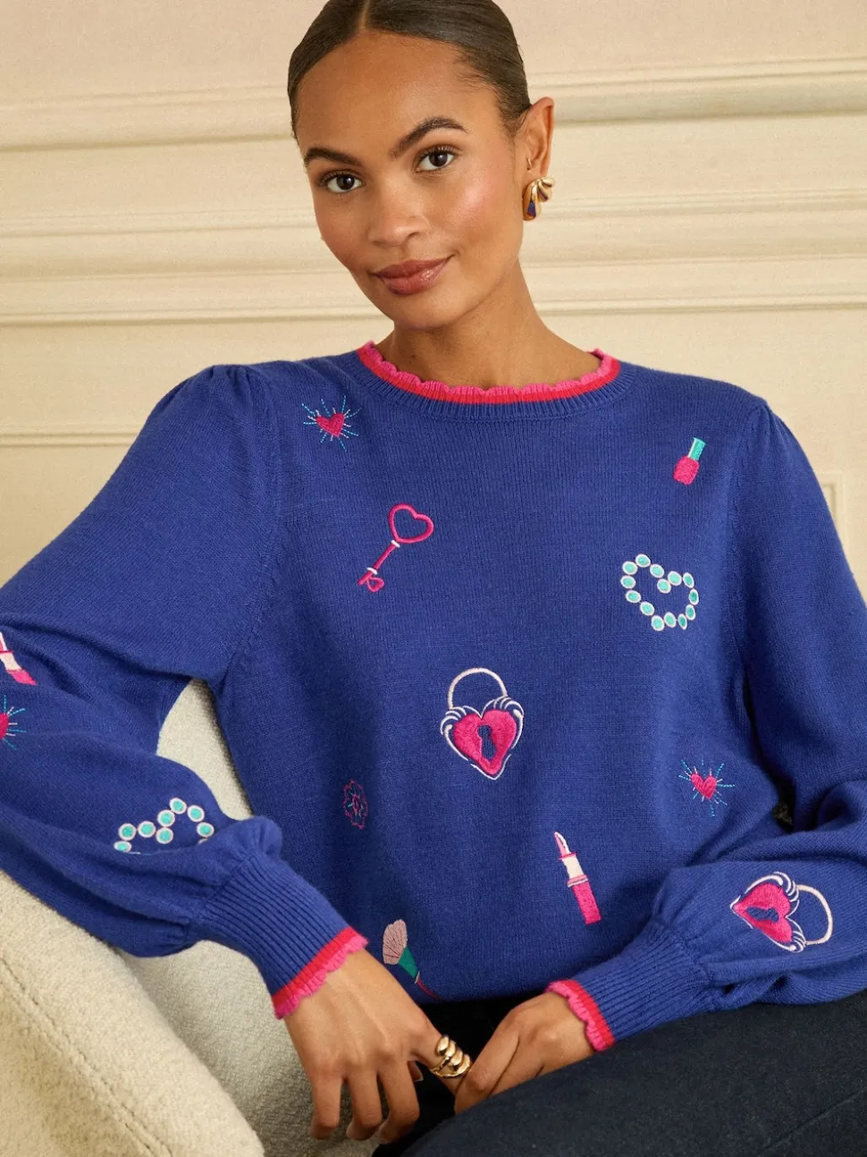 Love & Roses Cobalt Blue Embroidered Detail Knitted Jumper