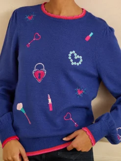 Love & Roses Cobalt Blue Embroidered Detail Knitted Jumper