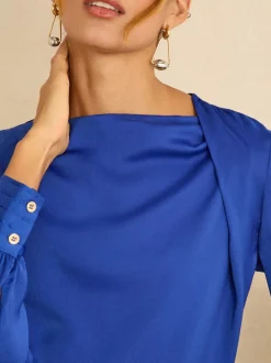 Love & Roses Cobalt Blue Long Sleeve Satin Cowl Neck Blouse