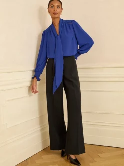 Love & Roses Cobalt Blue Long Sleeve Pussybow Blouse