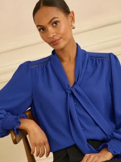Love & Roses Cobalt Blue Petite Long Sleeve Pussybow Blouse