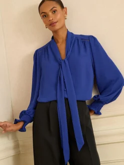 Love & Roses Cobalt Blue Petite Long Sleeve Pussybow Blouse