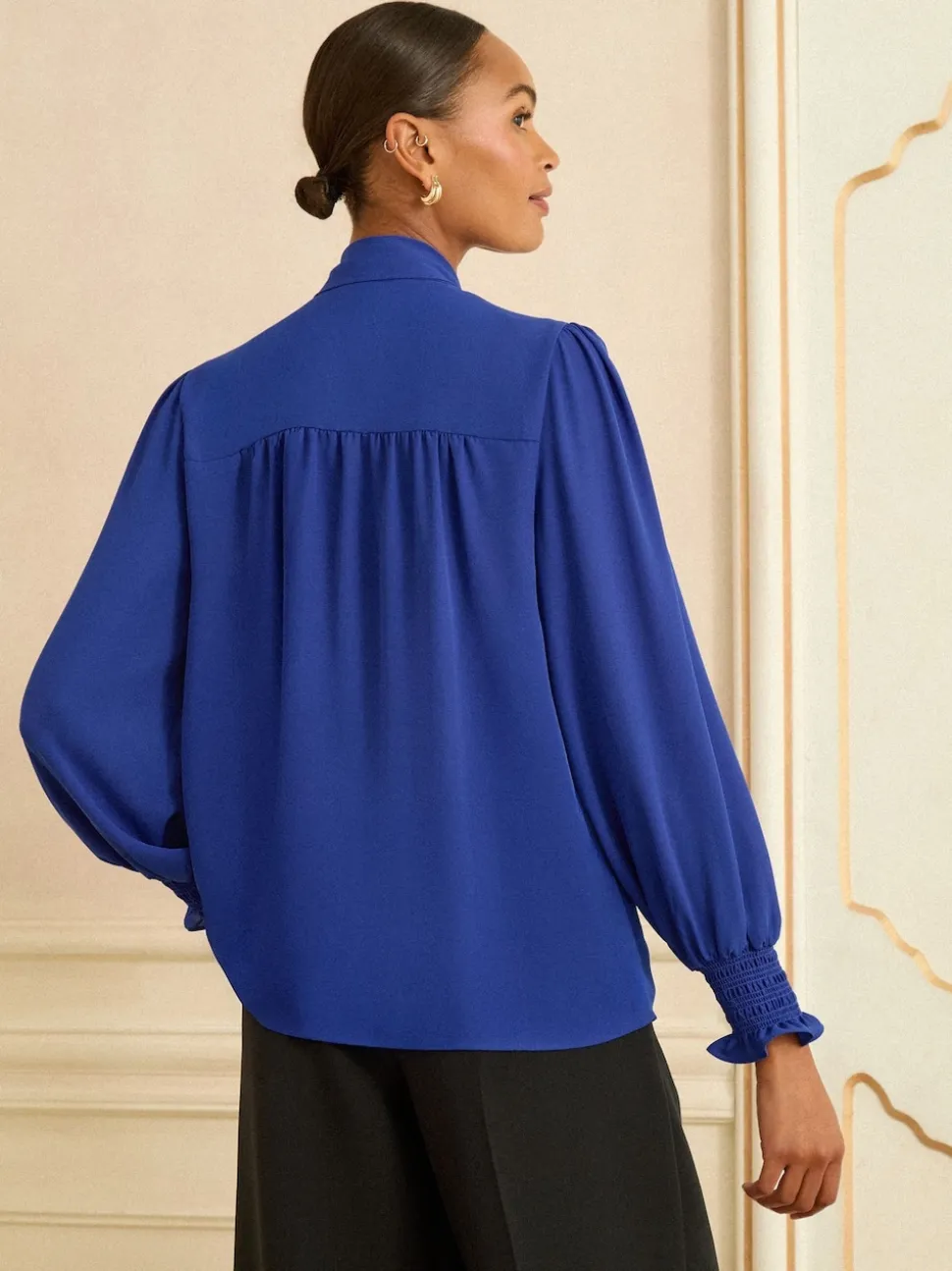 Love & Roses Cobalt Blue Petite Long Sleeve Pussybow Blouse