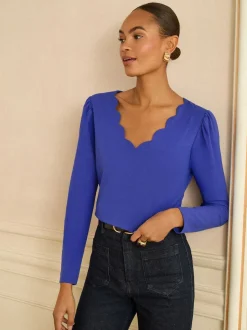 Love & Roses Cobalt Blue Scallop V-Neck Long Sleeve Jersey Top