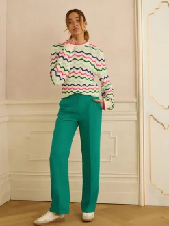 Love & Roses Cream Multicolored Wavy Stripe Frill Neck Knitted Jumper