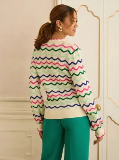 Love & Roses Cream Multicolored Wavy Stripe Frill Neck Knitted Jumper