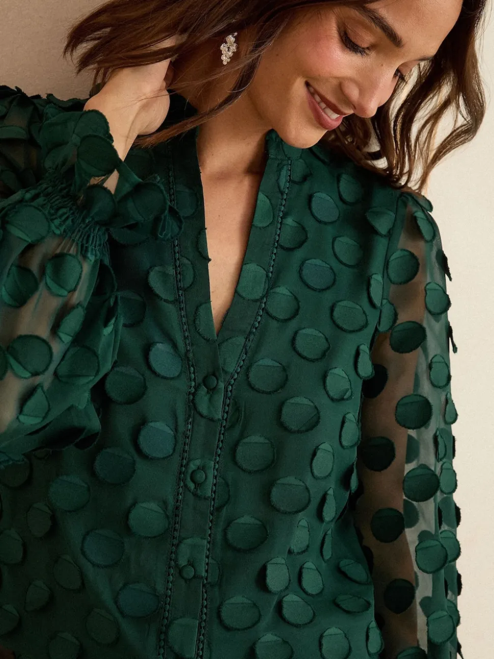 Love & Roses Dark Green 3D Spot Long Sleeve Blouse