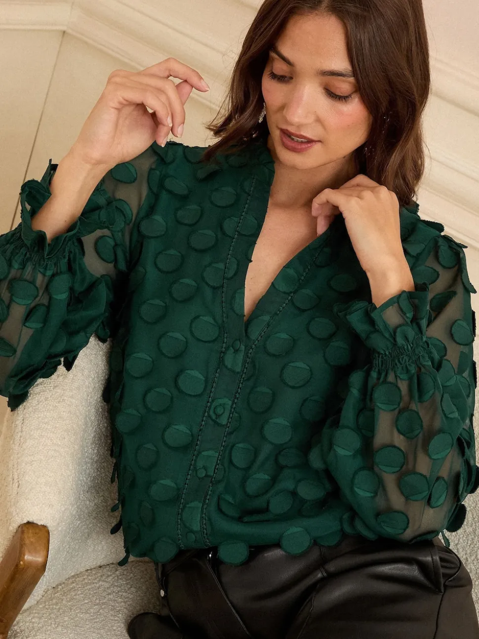 Love & Roses Dark Green Petite 3D Spot Long Sleeve Blouse
