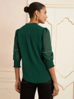 Love & Roses Forest Green V-Neck Hardware 3/4 Sleeve Blouse
