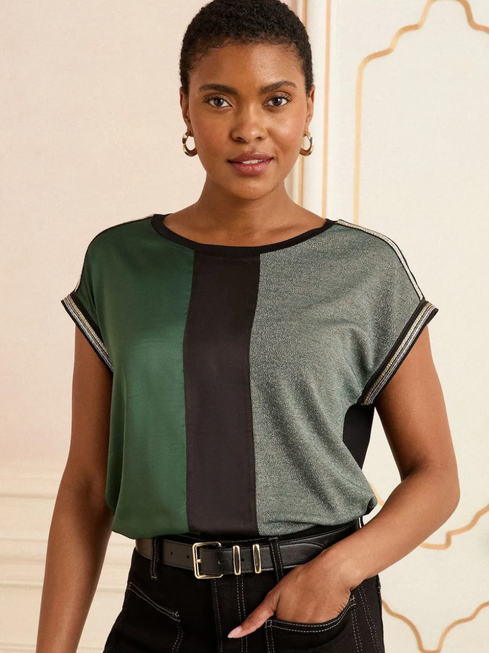 Love & Roses Green and Black Embellished Cuff Satin Front Satin Front V-Neck Short Sleeve Top