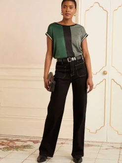 Love & Roses Green and Black Embellished Cuff Satin Front Satin Front V-Neck Short Sleeve Top