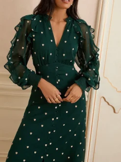 Love & Roses Green Heart Embroidered Ruffle Midi Dress