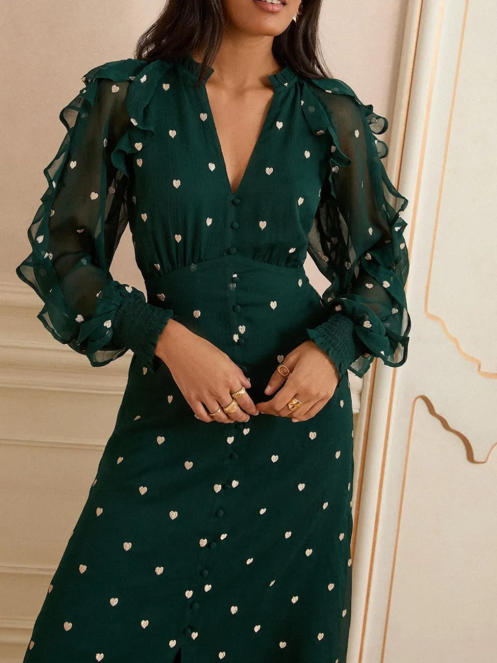 Love & Roses Green Heart Embroidered Ruffle Midi Dress