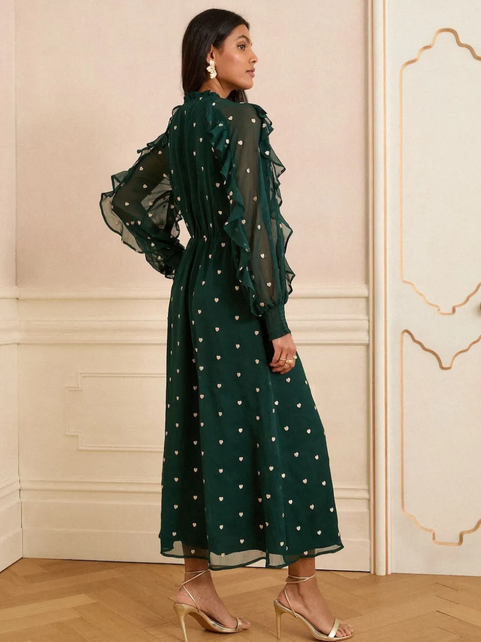 Love & Roses Green Heart Embroidered Ruffle Midi Dress