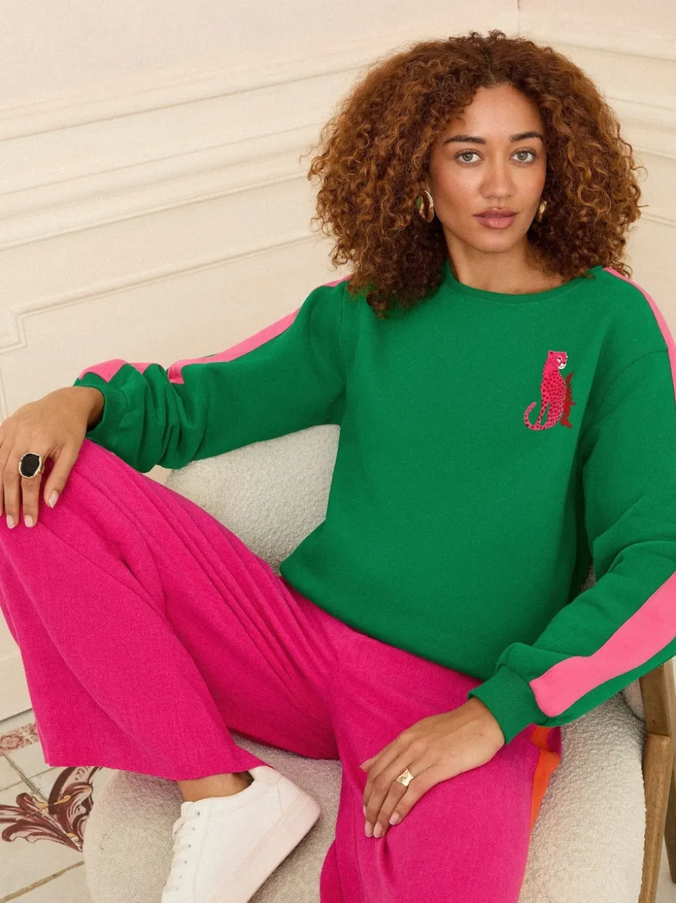 Love & Roses Green Leopard with Pink Stripe Crew Neck Jersey Sweatshirt
