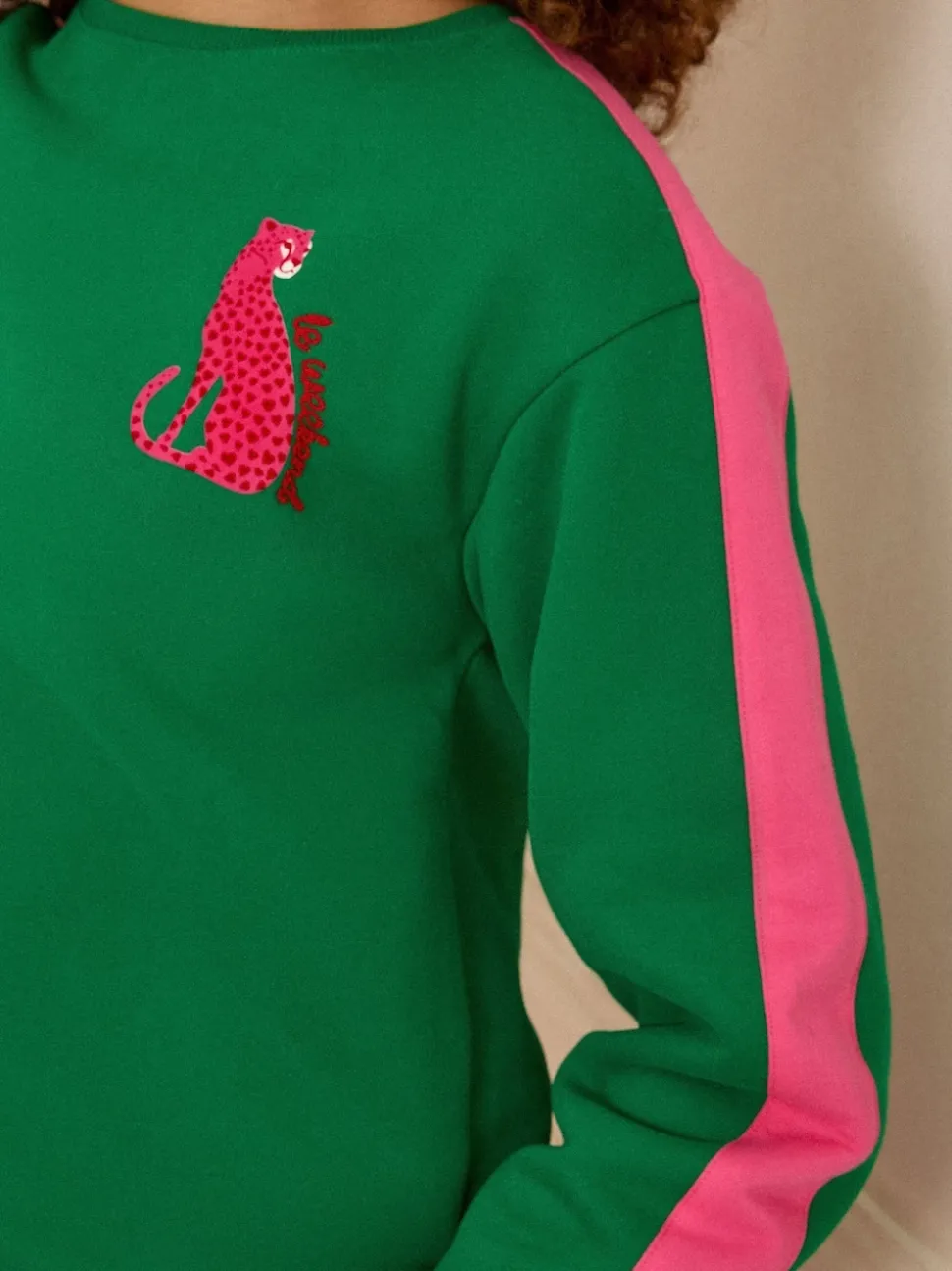Love & Roses Green Leopard with Pink Stripe Crew Neck Jersey Sweatshirt