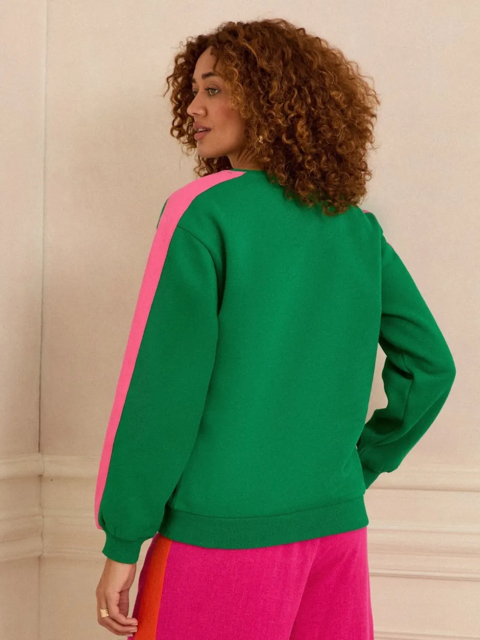 Love & Roses Green Leopard with Pink Stripe Crew Neck Jersey Sweatshirt