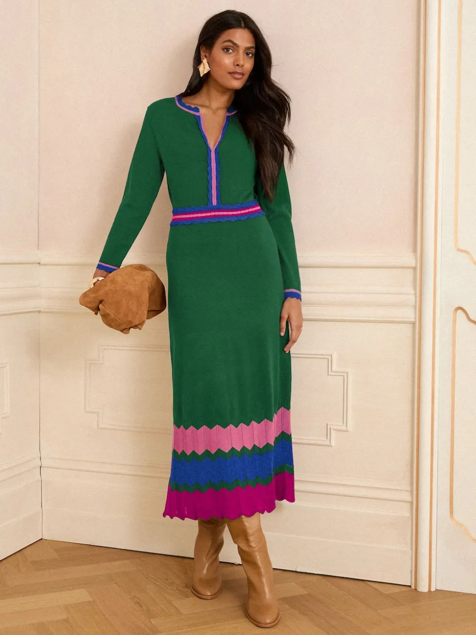 Love & Roses Green Notch Neck Knitted Midi Dress