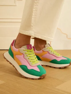 Love & Roses Green Pink Multi Mix Material Retro Comfort Jogger Trainers
