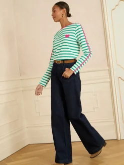 Love & Roses Green Stripe Heart Ric Rac Trim Long Sleeve Top
