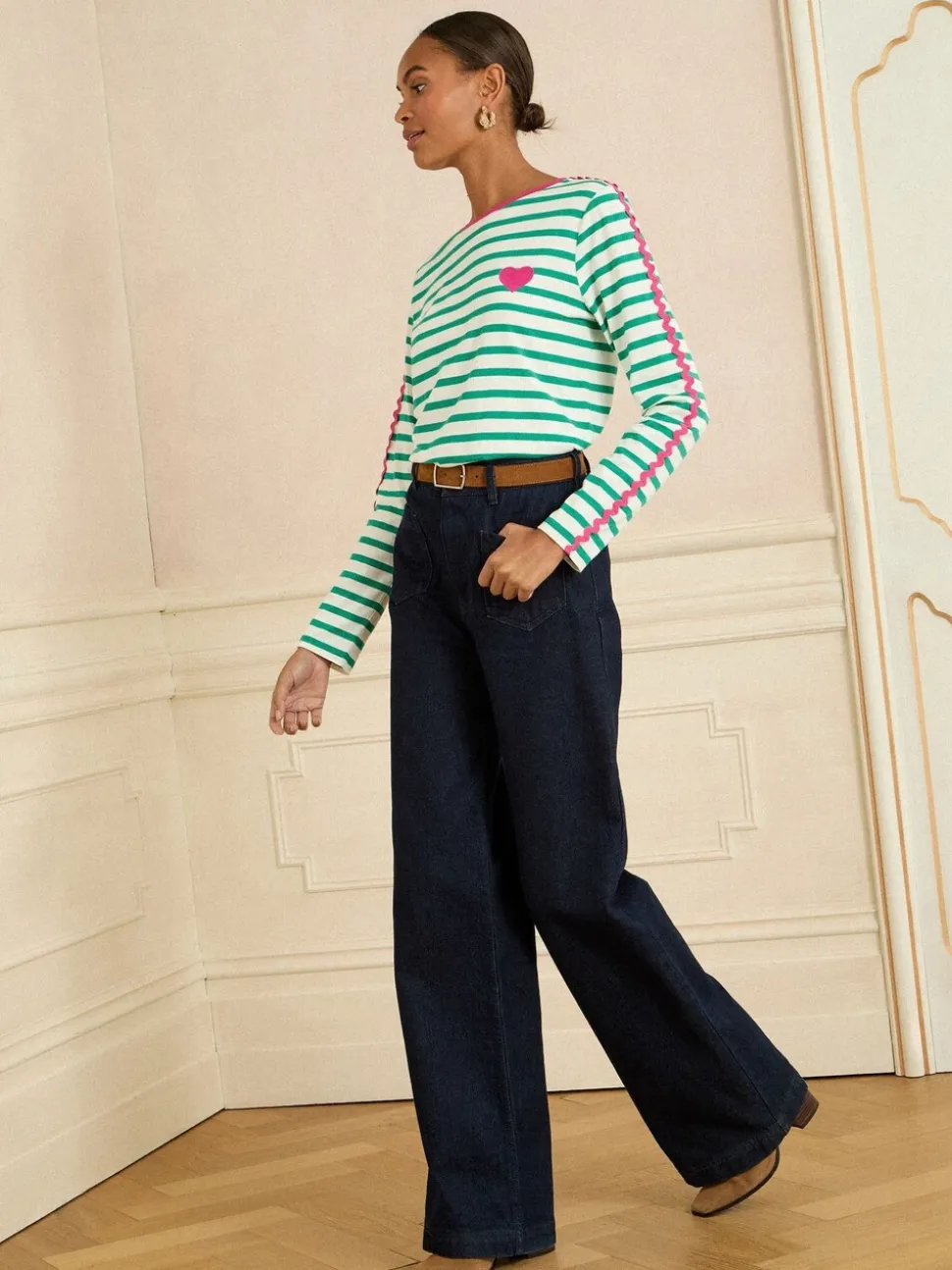 Love & Roses Green Stripe Heart Ric Rac Trim Long Sleeve Top
