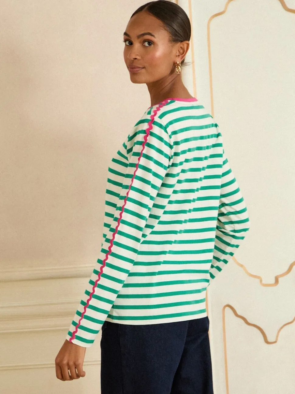 Love & Roses Green Stripe Heart Ric Rac Trim Long Sleeve Top