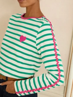 Love & Roses Green Stripe Heart Ric Rac Trim Long Sleeve Top
