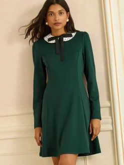 Love & Roses Green/White Ecru Spot Long Sleeve Contrast Collar Mini Dress
