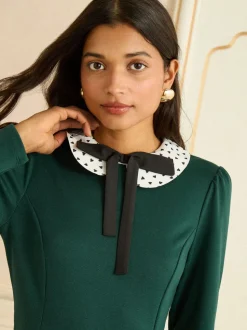 Love & Roses Green/White Ecru Spot Long Sleeve Contrast Collar Mini Dress