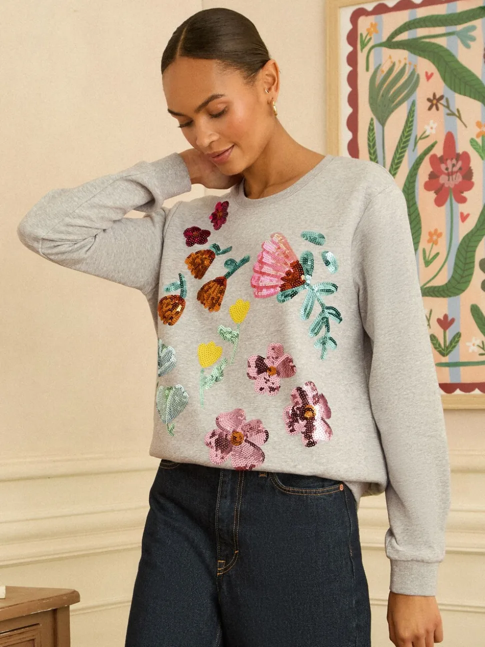 Love & Roses Grey Floral Sequin Embroidered Sweat Top