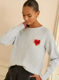 Love & Roses Grey Sequin Red Love Heart Cosy Knitted Jumper