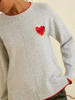 Love & Roses Grey Sequin Red Love Heart Cosy Knitted Jumper